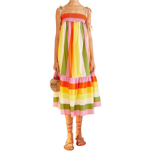 Farm Rio Rainbow Stripe Smocked Tie Strap Tiered Midi Dress Size S Designer - Picture 14 of 16